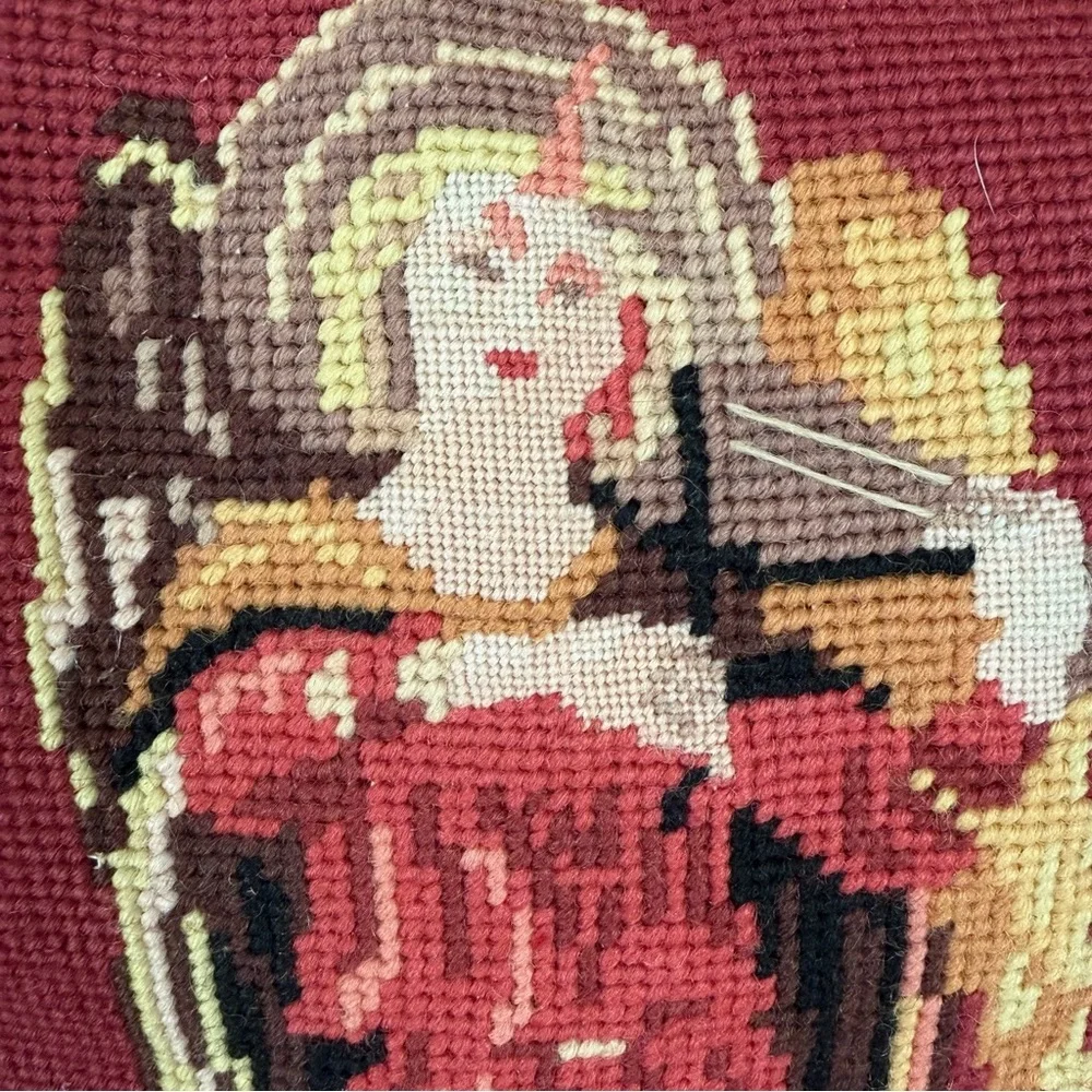 Vintage Needlepoint Angel Pillow Lace Trim 12x12 Romantic Heirloom Decor